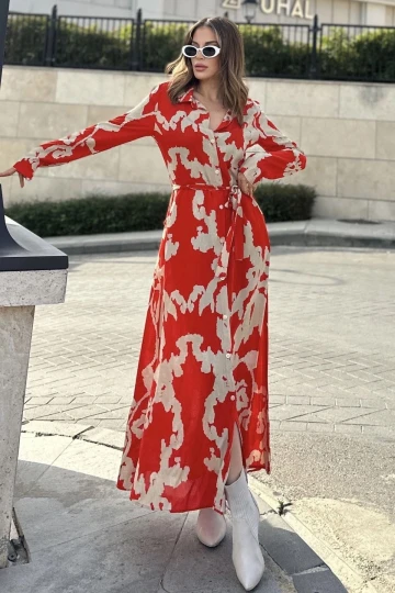 Kadın Kırmızı & Bej Uzun Kol, Kuşaklı, Yırtmaçlı, Uzun Viskon Gömlek Elbise (DAR KALIP)