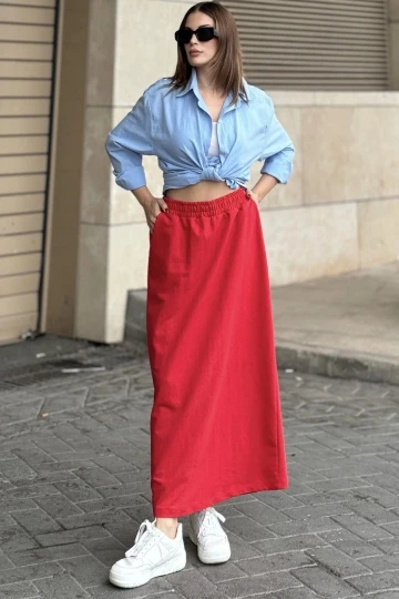 Kadın Kırmızı Beli Lastikli, Rahat Kalıp, Cepli Uzun Etek