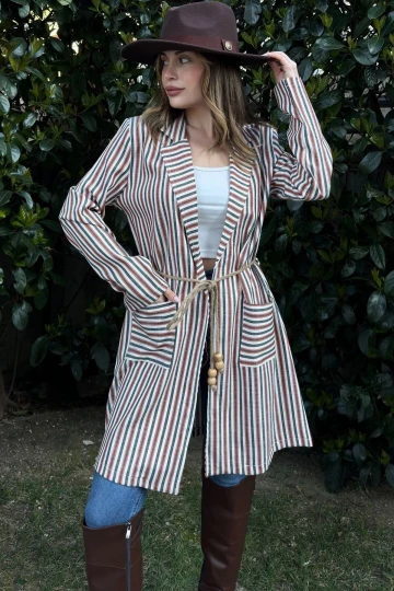 Kadın Kırmızı & Ekru Çizgili, Hasır İp Kemerli, İki Cepli, Uzun Keten Ceket