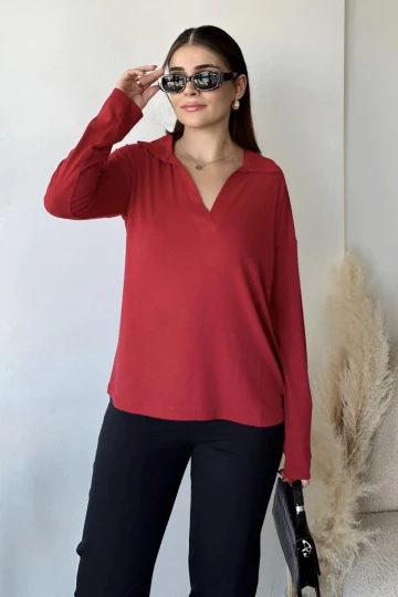 Kadın Kırmızı Polo Yaka Basic Bluz, Uzun Kol, Regular Kesim, Günlük Ve Spor Sweatshirt