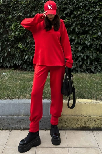 Kadın Kırmızı Scuba Kumaş, Rahat Kalıp, Pliseli Dar Paça Eşofman Altı