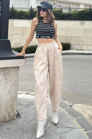 Kadın Krem Yüksek Bel, Cepli, Beli Lastikli, Salaş Gabardin Pantolon