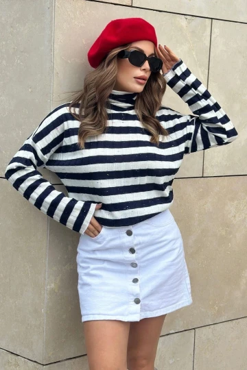 Kadın Lacivert & Ekru Uzun Kol, Çizgili, Fitilli Kumaş, Regular Kesim, Boğazlı Triko Bluz