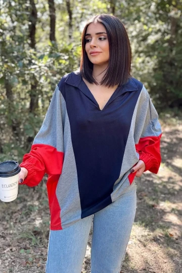 Kadın Lacivert Polo Yaka, Yarasa Kol, Lastikli Manşet, Asimetrik Color Block, Salaş Sweatshirt Bluz