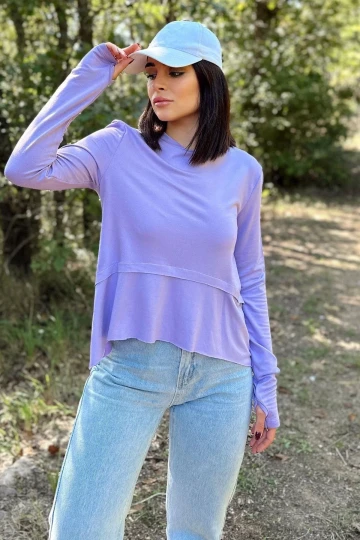 Kadın Lila Elleri Eldiven Detaylı, Asimetrik Kesim, Bisiklet Yaka, Eteği Pliseli, Salaş Spor Bluz