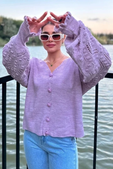 Kadın Lila Yumuşak Dokulu, V Yaka Uzun Kol, Ponpon Detaylı, Triko Hırka