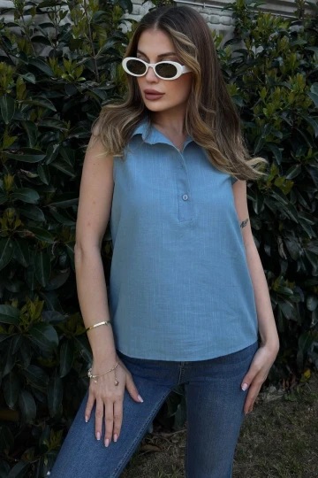 Kadın Mavi Basic Kesim, Yarım Patlı, Sıfır Kollu, Keten Bluz