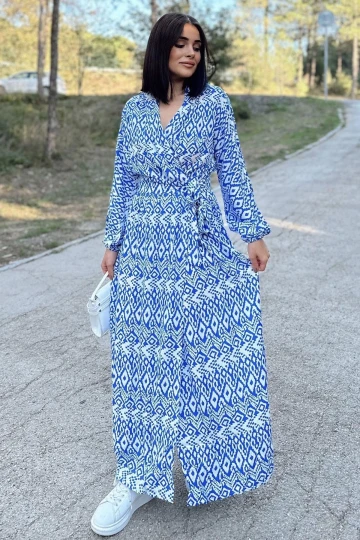 Kadın Mavi & Beyaz Kruvaze Yaka, Yırtmaçlı, Beli Kuşaklı, Bilekleri Lastikli, Salaş, Uzun Elbise