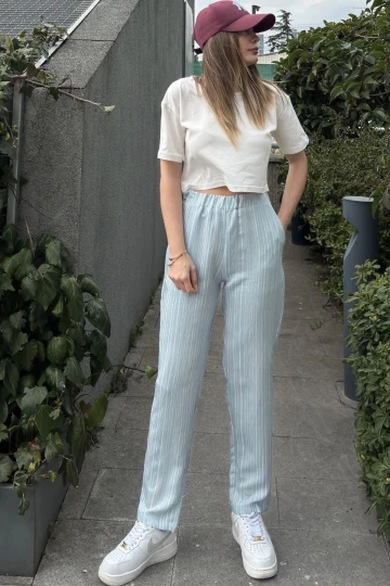 Kadın Mavi Çizgili, Beli Lastikli, Cepli, Salaş Spor Pantolon