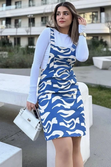 Kadın Mavi Desenli, Geniş Cepli, Kalın Askılı, Gabardin Salopet Elbise