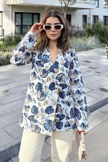 Kadın Mavi Desenli, Uzun Kol, Düğme Kapamalı, Kruvaze Ceket