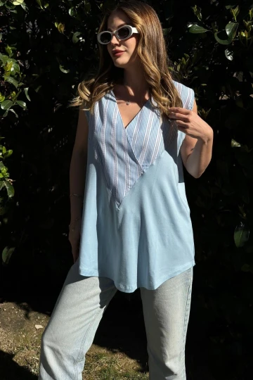 Kadın Mavi Kruvaze V Yaka, Kolsuz, Color Block, Salaş Bluz