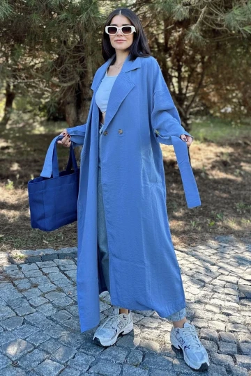 Kadın Mavi Kruvaze Yaka, Kemerli, Cepli, Salaş Kesim Uzun Trençkot