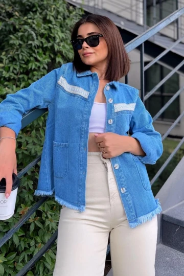 Kadın Mavi Uzun Kol, Kalite Kot Kumaş, Şerit Detay, Eteği Püsküllü, Cepli Kot Gömlek & Denim Ceket