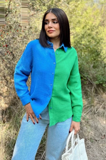 Kadın Mavi & Yeşil Muslin Kumaş, Çift Bloklu, Eteği Oval, Uzun Kol, Regular Kesim Gömlek