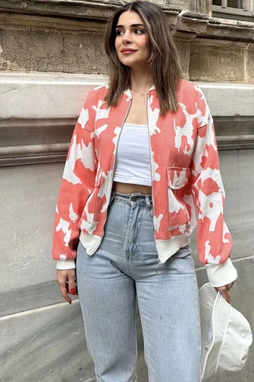 Kadın Mercan Desenli Gabardin Kumaş, Rahat Kesim, Kapaklı Cepli, Bomber Ceket