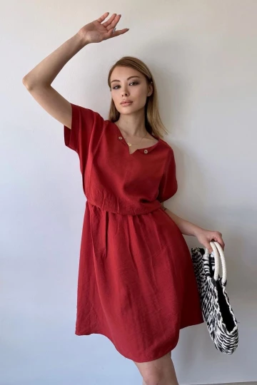 Kadın Mercan Kısa Kol, Kalp Yaka, Dokulu Desen, Bele Oturan, Aerobin Lastikli Bel Midi Elbise