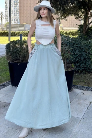 Kadın Mint Beli Lastikli, Cepleri Hasır İşlemeli, Rahat Kesim, Uzun Kiloş Etek