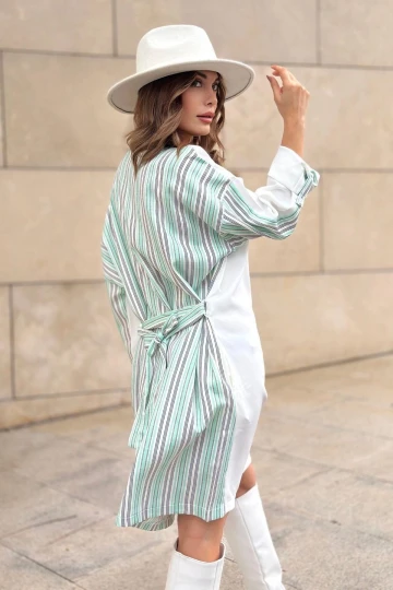 Kadın Mint & Ekru Kolu Katlamalı, Beli Kuşaklı, Yuvarlak Yaka, Salaş Elbise