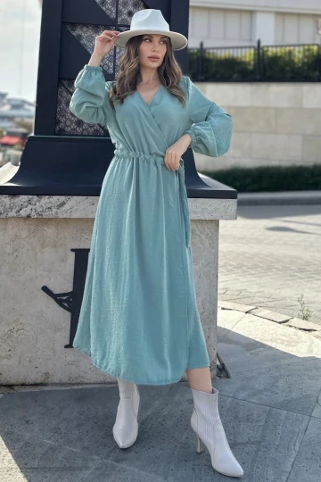 Kadın Mint Kruvaze Yaka, Yırtmaçlı, Beli Kuşaklı, Kol Bilekleri Lastikli, Salaş, Uzun Elbise