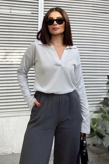 Kadın Mint Polo Yaka Keten Bluz, Uzun Kol, Regular Kesim, Günlük Ve Spor Kaliteli Kumaş Sweatshirt