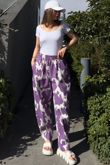 Kadın Mor Beli Lastikli, Cepli, Desenli Gabardin Kumaş, Salaş Pantolon