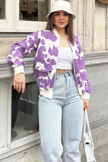 Kadın Mor Desenli Gabardin Kumaş, Rahat Kesim, Kapaklı Cepli, Bomber Ceket