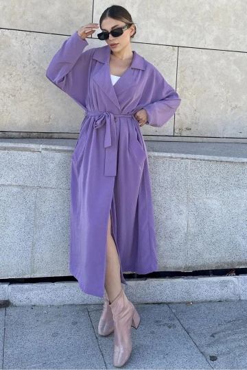 Kadın Mor Kruvaze Yaka, Kemerli, Cepli, Salaş Kesim Uzun Trençkot