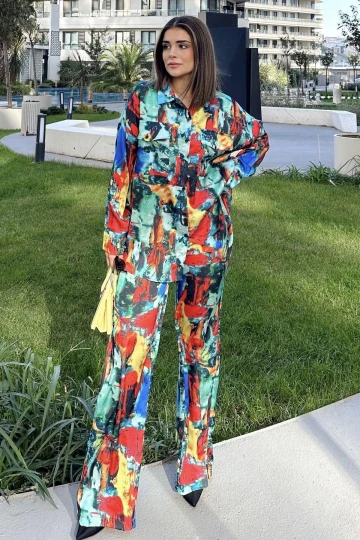 Kadın Multi Color Çift Cepli Gömlek & Bol Paça Pantolon - Salaş Alt & Üst Takım
