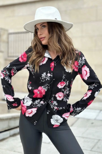 Kadın Pembe Çiçekli & Siyah Uzun Kollu, Digital Baskı Desen, Basic Gömlek