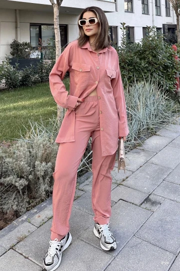 Kadın Pembe Çift Cepli Uzun Gömlek & Beli Lastikli Pantolon - Rahat Alt & Üst Takım