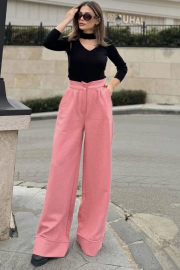 Kadın Pembe Duble Paça, Beli Pliseli, Fitilli Kaşe Kumaş, İspanyol Pantolon