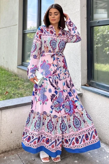 Kadın Pembe & Mavi Gömlek Yaka, Uzun Kol, Eteği Pliseli, Beli Kuşaklı, Salaş Kesim, Uzun Elbise