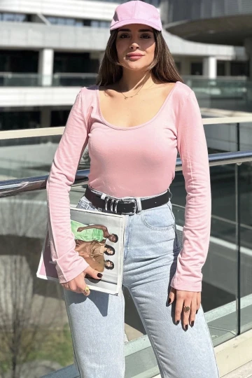 Kadın Pembe Önü Ve Arkası Derin Dekolte Yaka, Regular Kesim, Terletmez, Pamuklu Penye Bluz