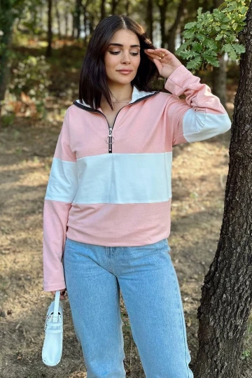Kadın Pembe Uzun Kol, Dik Yaka, Fermuarlı, Double Color Block Basic Sweatshirt Bluz