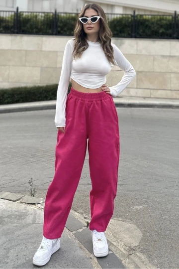 Kadın Pembe Yüksek Bel, Cepli, Beli Lastikli, Salaş Gabardin Pantolon