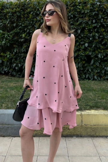 Kadın Pudra A Kesim, Deri Askı Ve Çiçek Nakış Detaylı, Şifon Kumaş, Midi Kiloş Elbise