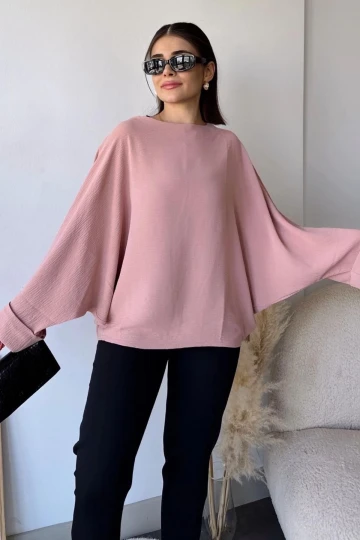 Kadın Pudra Airobin Yarasa Duble Kol Salaş Bluz Ekstra Oversize Yuvarlak Yaka - Tesettüre Uygun