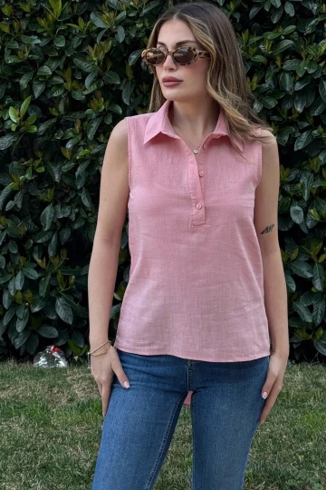 Kadın Pudra Basic Kesim, Yarım Patlı, Sıfır Kollu, Keten Bluz