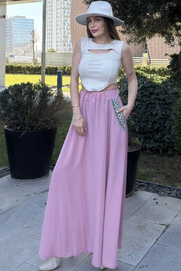 Kadın Pudra Beli Lastikli, Cepleri Hasır İşlemeli, Rahat Kesim, Uzun Kiloş Etek
