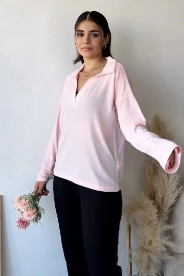 Kadın Pudra Polo Yaka Keten Bluz, Uzun Kol, Regular Kesim, Günlük Ve Spor Sweatshirt