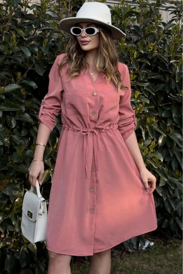 Kadın Pudra Uzun Kol, Derin Gömlek Yaka Beli Bağlamalı Cepli Önü Düğmeli, A Kesim Salaş Elbise