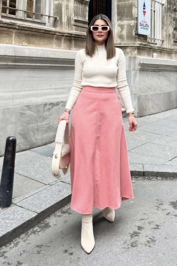 Kadın pudra Yüksek Bel, Cepli, Uzun, Fitilli Kaşe Kumaş, Maksi Kiloş Etek (Dar Kalıp)