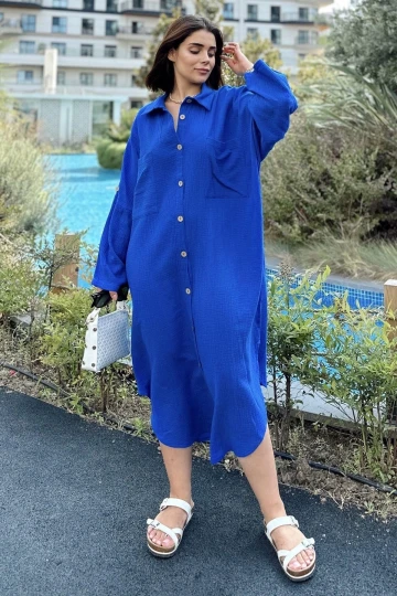 Kadın Saks Muslin Kumaş, Yarasa Kol, Eteği Oval, Çift Cepli, Uzun Oversize Salaş Gömlek Elbise