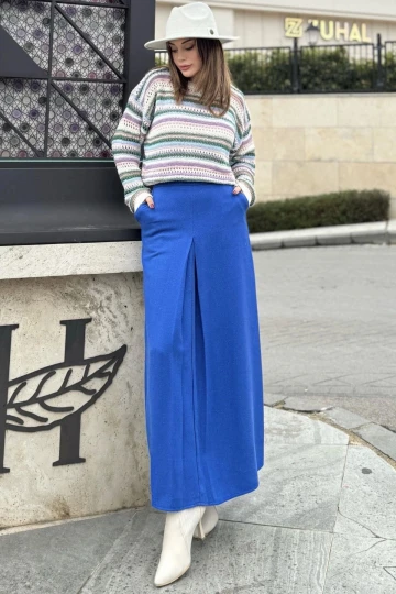 Kadın Saks Önü Plise Detaylı, A Kesim, Arkası Fermuar Kapamalı, Uzun Kaşe Etek