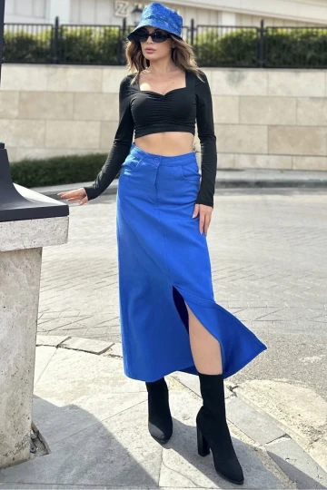 Kadın Saks Önü Yarım Yırtmaçlı, Yüksek Bel, Cepli Uzun Gabardin Etek