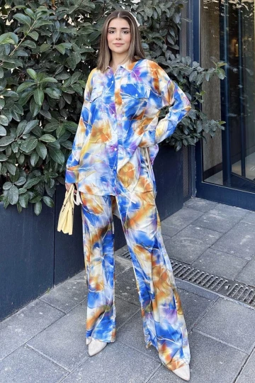 Kadın Saks & Sarı Çift Cepli Gömlek & Bol Paça Pantolon - Salaş Alt & Üst Takım