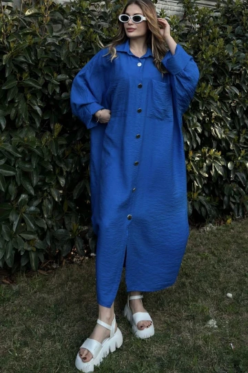 Kadın Saks Yarasa Kol, Arkası Pliseli, Çift Cepli, Uzun Oversize Salaş Gömlek Elbise