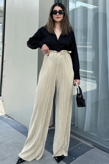 Kadın Sarı Beli Lastikli, Yüksel Bel, Salaş Kesim, Bol Paça Bürümcük Pantolon