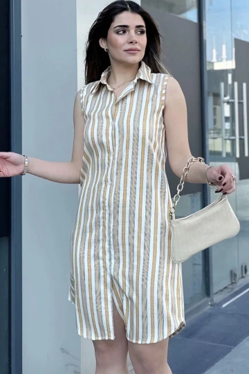 Kadın Sarı Çizgili Desen, İthal Kumaş, Kolsuz, Rahat Kesim, Midi Gömlek Elbise